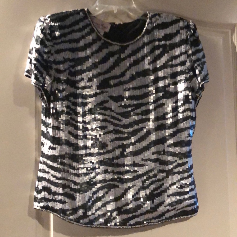 Laurence Kazar black and white beaded top Sz L